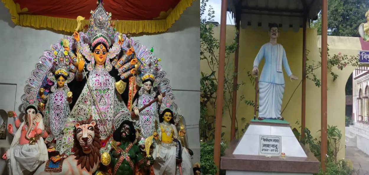 লাহার বাড়ির পুজোর মায়ের পূর্ণ মূর্তি ও ধর্মদাস লাহার-এর প্রতিকৃতি (ডানে)