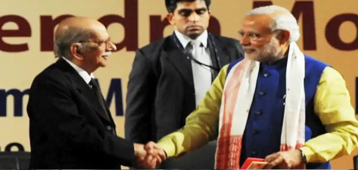 প্রধানমন্ত্রী নরেন্দ্র মোদি পি জি বরুয়ার সকাশে, দ্য আসাম ট্রিবিউন গ্রুপের সম্পাদক ও ব্যবস্থাপনা পরিচালক