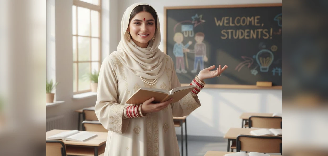 চুরা, সিঁদুর এবং মঙ্গলসূত্র পরা একজন মুসলিম ইংরেজি শিক্ষকের ছবি (AI- জেনারেটেড)