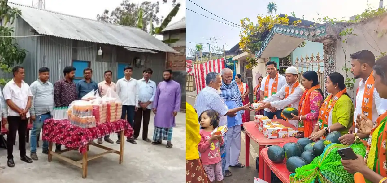 নিজ বিধানসভা এলাকায় ইফতারি পাঠালেন পর্যটন মন্ত্রী সুশান্ত চৌধুরী (বামে) ও  কর্পোরেটর লতা নাথের উদ্যোগে ইফতার বিতরণ (ডানে)