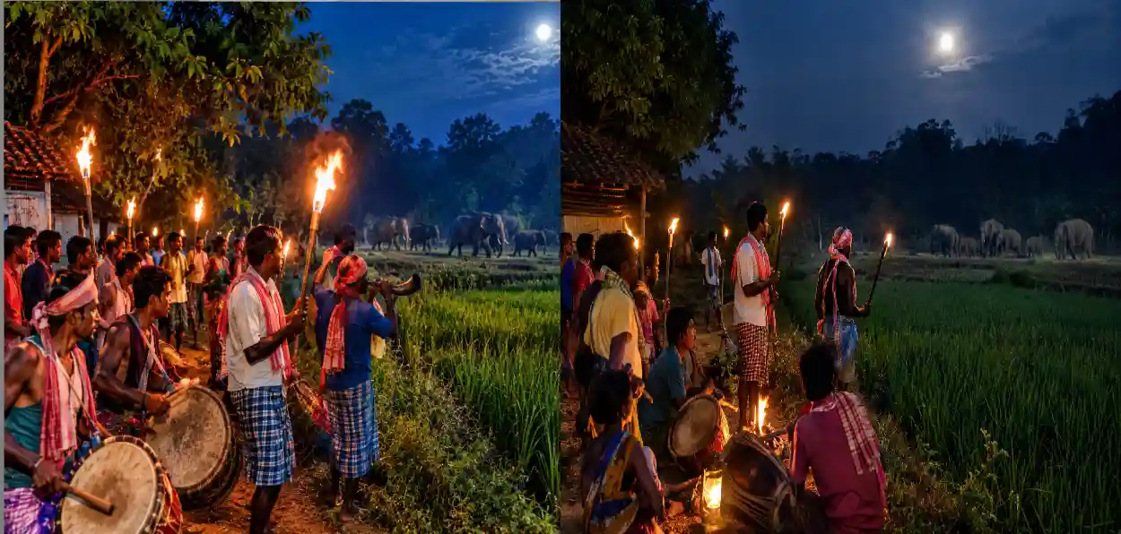 মশালের আলো, ধামসা-মাদলের তালে রাতজাগা গ্রাম—হাতির ভয়ে লালগড়ে কৃষকদের অভিনব পাহারা