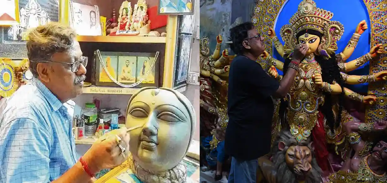 স্টুডিওতে বসে শিল্পী মন্টু পাল মায়ের মুখ তৈরি করতে ব্যস্ত