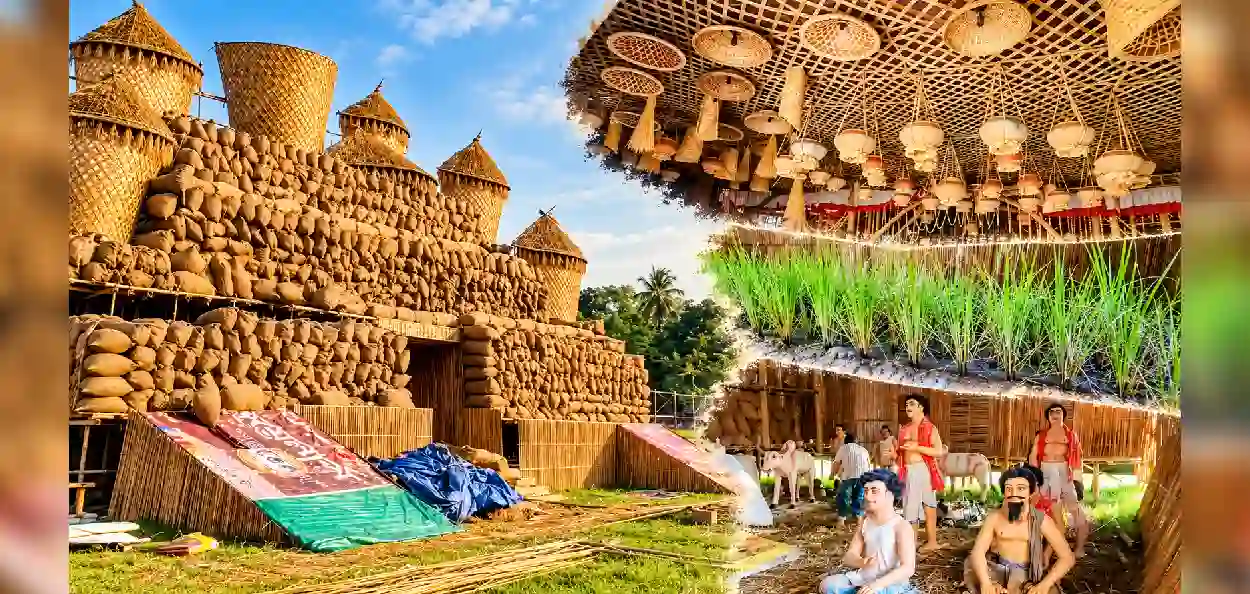 মণ্ডপের ভিতর আস্ত ধানখেত! যেন এক টুকরো গ্রামবাংলা, মাটির হাঁড়ি আর বেতের কুলোয় চমক দিচ্ছে মালদহের এই পুজো 
